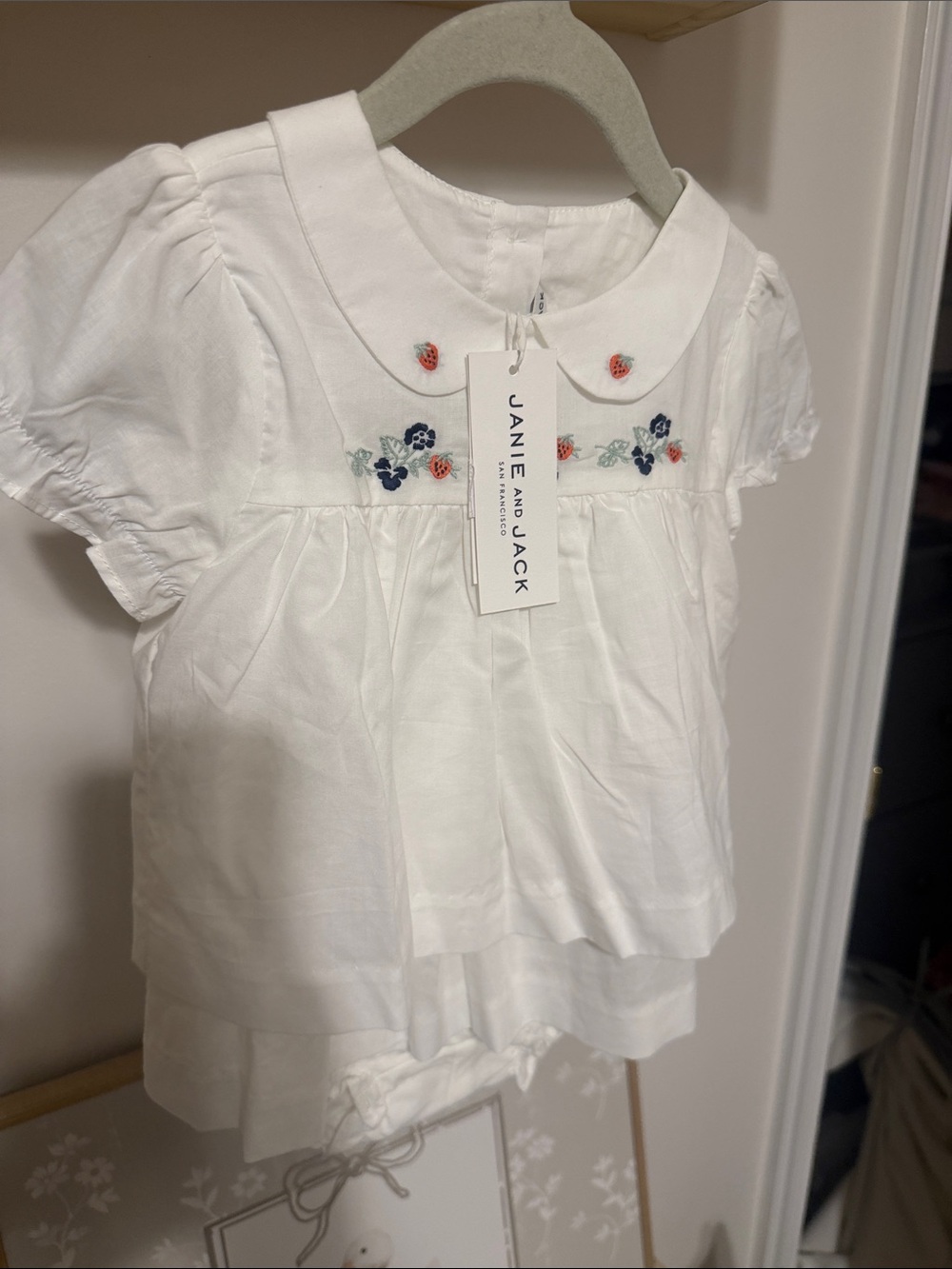 Janie and Jack White Cotton Blouse with Navy and Coral Floral Embroidery